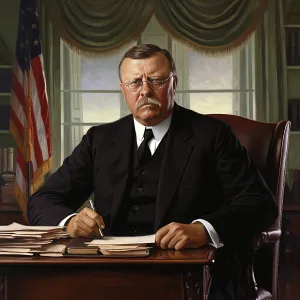 Papers Prints: AI IMAGE - Portrait of Theodore Roosevelt sitting at his desk in the White House