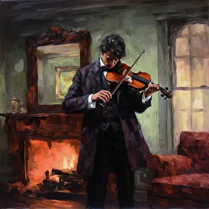Fireplace Prints: AI IMAGE - Sherlock Holmes playing the violin in his rooms at 221B Baker Street