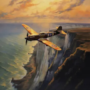 AI IMAGE - Spitfire aircraft flying over the White Cliffs of Dover, 1940s, (2023). Creator: Heritage Images