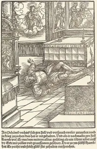 Laying Prints: Ain Pehamss verheiss sich gen Zell... c. 1503. Creator: Master of the Legend Scenes