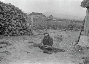 Aino Prints: Ainu man seated outside working on nets, 1908. Creator: Arnold Genthe