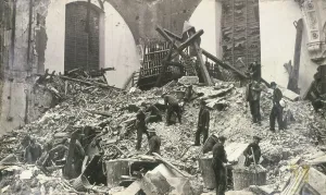 Blitz Prints: Air raid damage at Church of St Mildred, Bread Street, City of London, c1941. Artist
