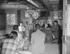 Air raid wardens meeting in zone nine, Southwest area, Washington, D. C, 1942. Creator: Gordon Parks