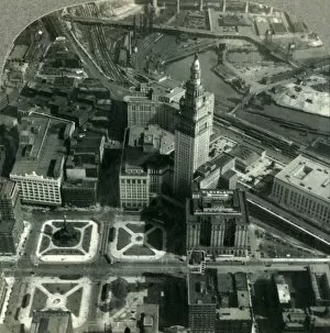 An Air View of Downtown Cleveland - Public Square, Terminal Tower and the Winding Cuyahoga