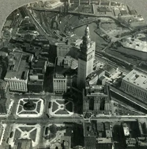 Public Square Prints: An Air View of Downtown Cleveland - Public Square, Terminal Tower and the Winding Cuyahoga
