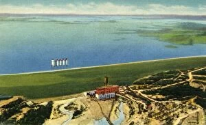 Curteich Chicago Collection: Air View of Saluda Dam showing Lake Murray, S. C. 1942. Creator: Unknown
