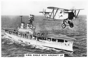 The aircraft carrier HMS Eagle and a Fairey Flycatcher aircraft, (1937)