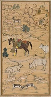 Ink And Colour On Paper Collection: Akbar Mounting his Horse; page from the Chester Beatty Akbar Nama (History of Akbar), 1605-07