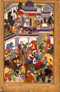 Mughal School Gallery: Akbar visits the shrine of Khwajah Mu in ad-Din Chishti at Ajmer, ca 1590