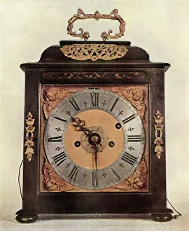 Clock Face Prints: Alarum and Striking Mantel Clock in Ebony-Veneered Case, 1947. Creator: Unknown