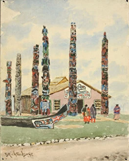 Canoe Gallery: Alaska Building with Totems at St. Louis Exposition, 1904. Creator: Theodore J