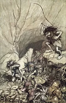Beating Gallery: Alberich drives in a band of Nibelungs with gold and silver treasures, 1910. Artist