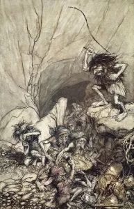 Rackham Prints: Alberich drives in a band of Nibelungs with gold and silver treasures, 1910. Artist