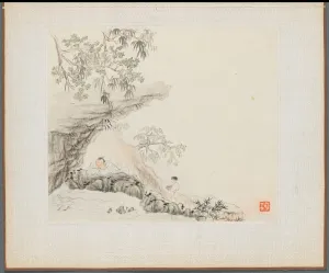 Album of Landscape Paintings Illustrating Old Poems: A Man Lies under a Rocky Overhang…