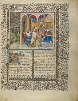 Recto Prints: Alchandreus Presents His Work to a King, about 1405. Creator: Unknown