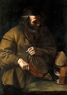 Distillation Prints: An alchemist applying bellows to a fire beneath a retort