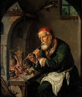 Retort Prints: An alchemist blowing on a fire to heat a still