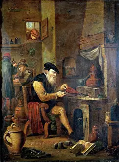 Retort Prints: An alchemist in his laboratory, c1680s. Creator: Follower of David Teniers the younger