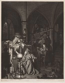 Mezzotint Gallery: The Alchymist, in Search of the Philosophers Stone, Discovers Phosphorus, and Prays