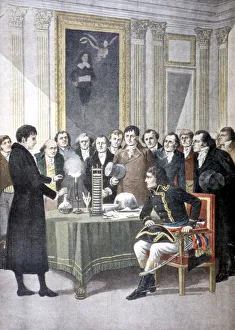 Storage Prints: Alessandro Volta, demonstrating his pile (battery) to Napoleon, (c1800) 1901