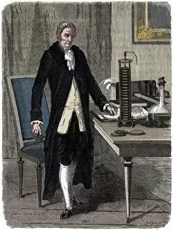 Storage Gallery: Alessandro Volta, Italian physicist, demonstrating his electric pile (battery), c1800 (c1870)