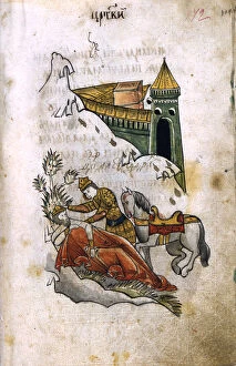 Alexander covers the corpse of Darius with his cloak (Illustration from the Serbian Alexandria), 1680s. Artist: Ancient Russian Art