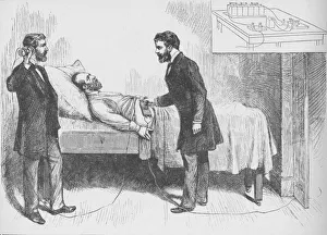 James A Prints: Alexander Graham Bell and assistant use an electrical detector to find a bullet in the torso of ail Artist: W Shinkle