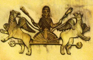 Euge Prints: Alexander the Great in a chariot pulled by winged griffins, (1932). Creator: Unknown