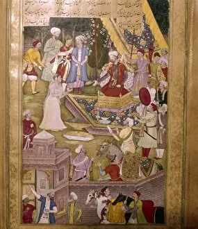 Mughal School Gallery: Alexander the Great of Macedon (Iskandar) is brought by a priestess to spare an idol from destructio