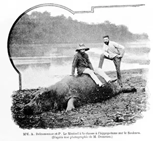 Congo Africa Prints: Alexandre Delcommune and Paul Le Marinel hunting hippopotamus