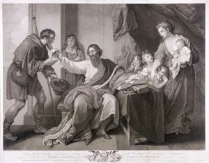Aelfred Gallery: Alfred the Great dividing his loaf with the pilgrim, 1782. Artist: William Sharpe