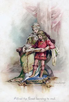 Alfred the Great learning to read, 1897.Artist: Frances Brundage Alfred the Great learning to read, 1897.Artist: Frances Brundage
