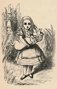 Alice holding a pig in her arms, 1889. Artist: John Tenniel