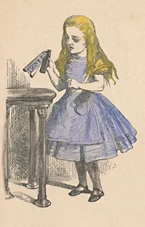 Alice looking at the bottle with the sign drink me, 1889. Artist: John Tenniel