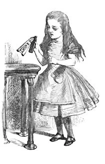 John Tenniel Gallery: Alice looking at the bottle with the sign drink me, 1889. Artist: John Tenniel