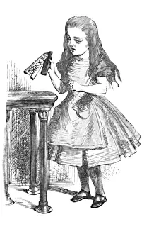 Adventure Collection: Alice looking at the bottle with the sign drink me, 1889. Artist: John Tenniel