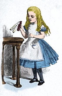 Adventure Collection: Alice looking at the bottle with the sign drink me, 1889. Artist: John Tenniel
