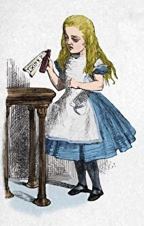 Childhood Collection: Alice looking at the bottle with the sign drink me, 1889. Artist: John Tenniel