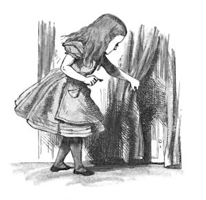 Adventure Collection: Alice looking at a small door behind a curtain, 1889. Artist: John Tenniel