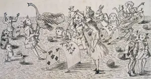 Wading Bird Prints: Alice and the Red Queen playing croquet, c1863. Creator: Lewis Carroll