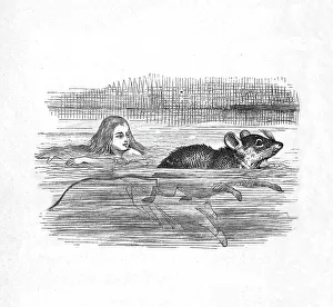 Swimming Prints: Alice swimming with a mouse in a pool, 1889. Artist: John Tenniel