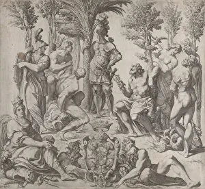 Carracci Prints: Allegorical composition with six Olympian gods gathered around a figure in armor, 1615-35