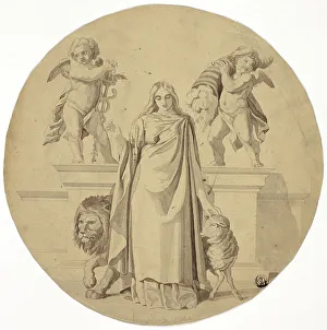 Frederic Lord Leighton Prints: Allegorical Female Figure with Lion, Lamb, Two Putti, n.d. Creator: Frederic Leighton