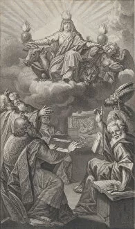 Images Dated 30th November 2020: Allegorical figure appearing on clouds overhead while a group of men gathered below look