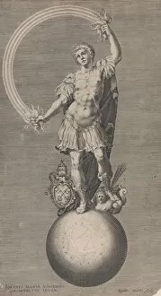 Images Dated 25th September 2020: Allegorical figure of a warrior standing on a globe with the papal coat of arms a... ca