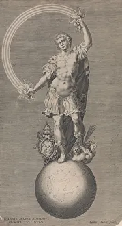 Gillis Sadeler Ii Prints: Allegorical figure of a warrior standing on a globe with the papal coat of arms a... ca