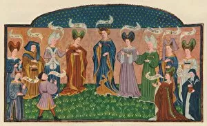 Alison Settle Gallery: Allegorical Figures in Court Dress, 1445, (1948). Creator: Unknown