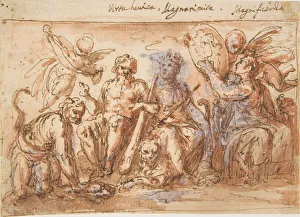 Allegorical Figures: Force, Hercules Strangling the Hydra, Plenty, and Fame, 1600-1650