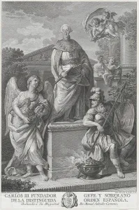 Allegorical portrait of Carlos III standing on a pedestal flanked by figures (War and Peac... 1778. Creator: Manuel Salvador Carmona)