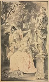 Brush And Gray Wash Gallery: Allegorical Scene: Couple before a Statue, 1700s. Creator: F. Müller (German)